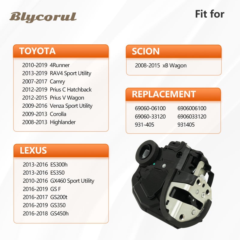 محرك تشغيل قفل الباب الجانبي الخلفي الأيسر من Blycorul متوافق مع Camry، 4Runner، Rav4، Lexus RX350 RX450h، Scion xB | يستبدل 931-405، 69060-33120 - Image 2